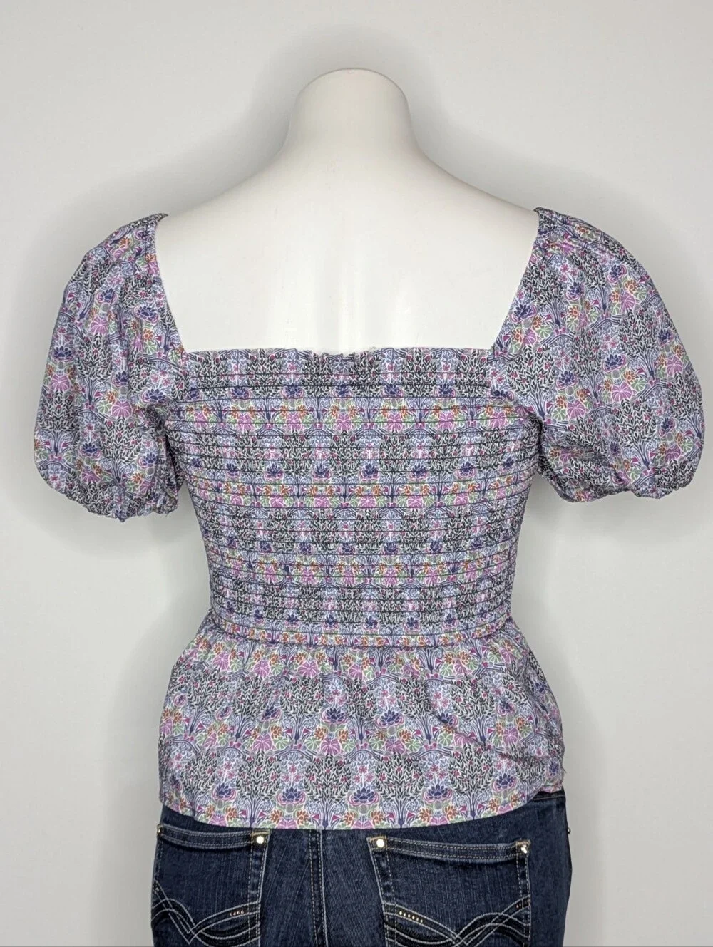 J Crew Liberty London Purple Pink Floral Smocked Peplum Puff Sleeve Blous XS